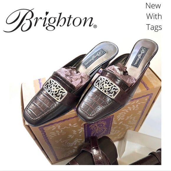 BRIGHTON NWT Size 6.5 STEPH Chocolate Brown Leather Crocodile Slip On Mule Heel - Picture 2 of 9